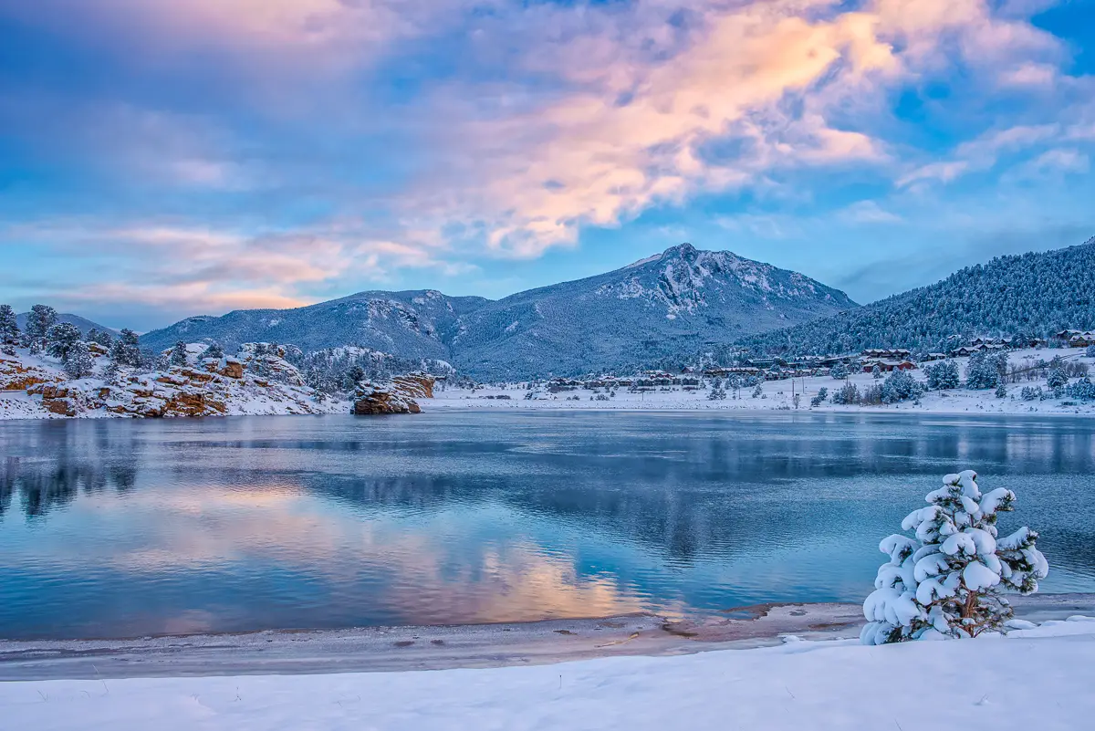 December Sunrise on Marys Lake in Estes Park Colorado on Rocky Mountain National Park Tours December Sunrise on Marys Lake in Estes Park Colorado